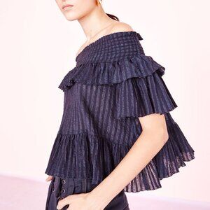 Ulla Johnson Kasia Navy Blue Smocked Off-the-Shoulder Tiered Ruffle Top